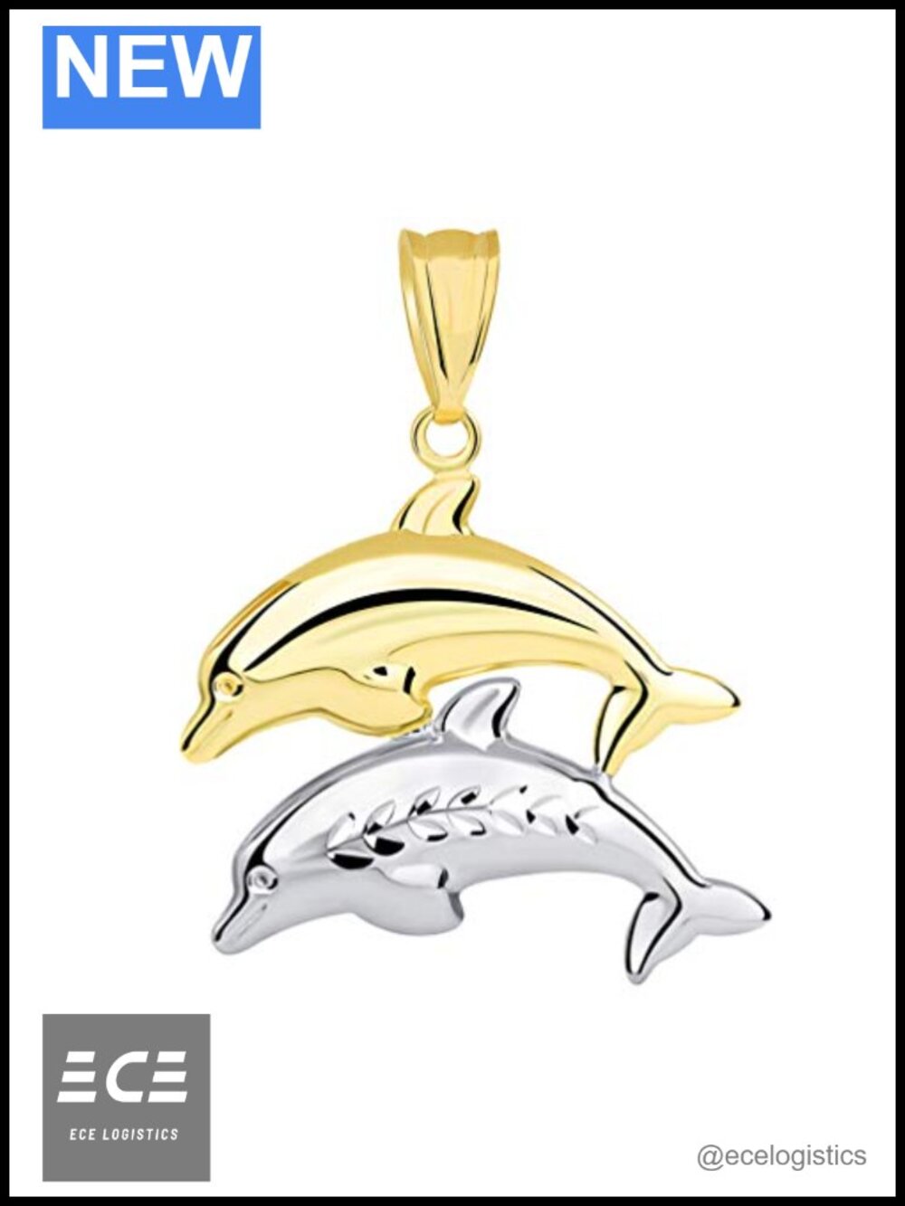 Handmade Polished 3D Dolphins Jumping Pendant Necklace 14K Two Tone